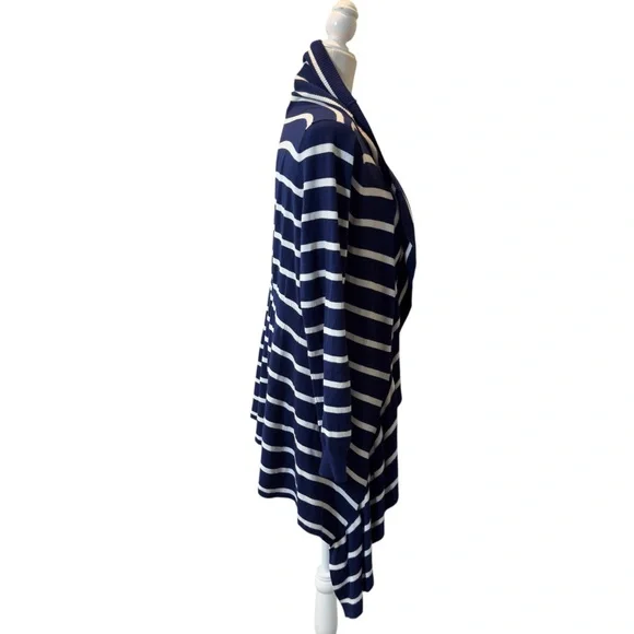 Soft Surroundings Navy White Stripe Open Front Waterfall Neck Cardigan Sweater - Picture 7 of 8